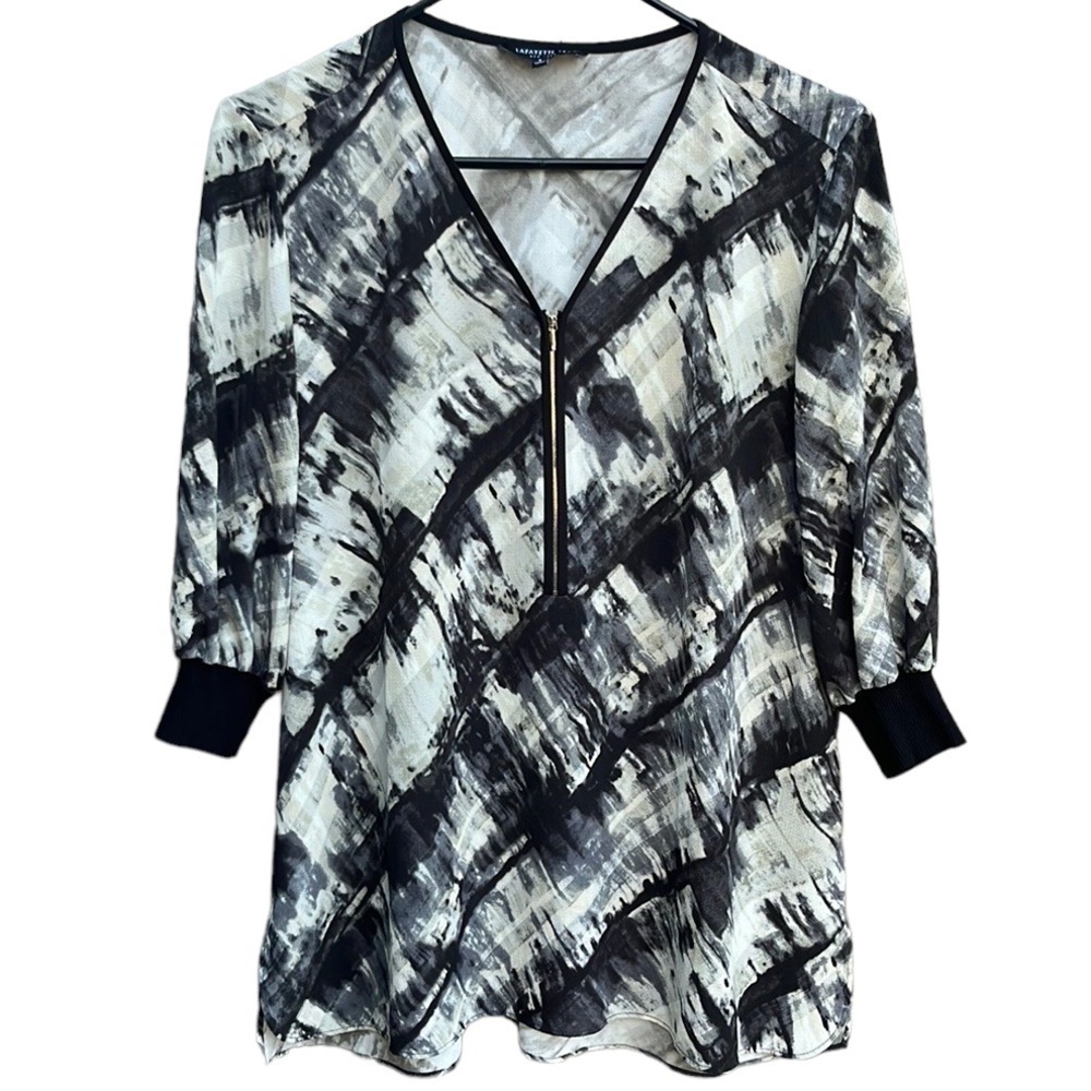 Like New Lafayette 148 New York Paint Stroke Zip Neckline Blouse